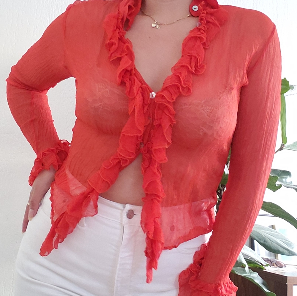 100% Silk Button Up Ruffle Sheer Top - Picture 2 of 6